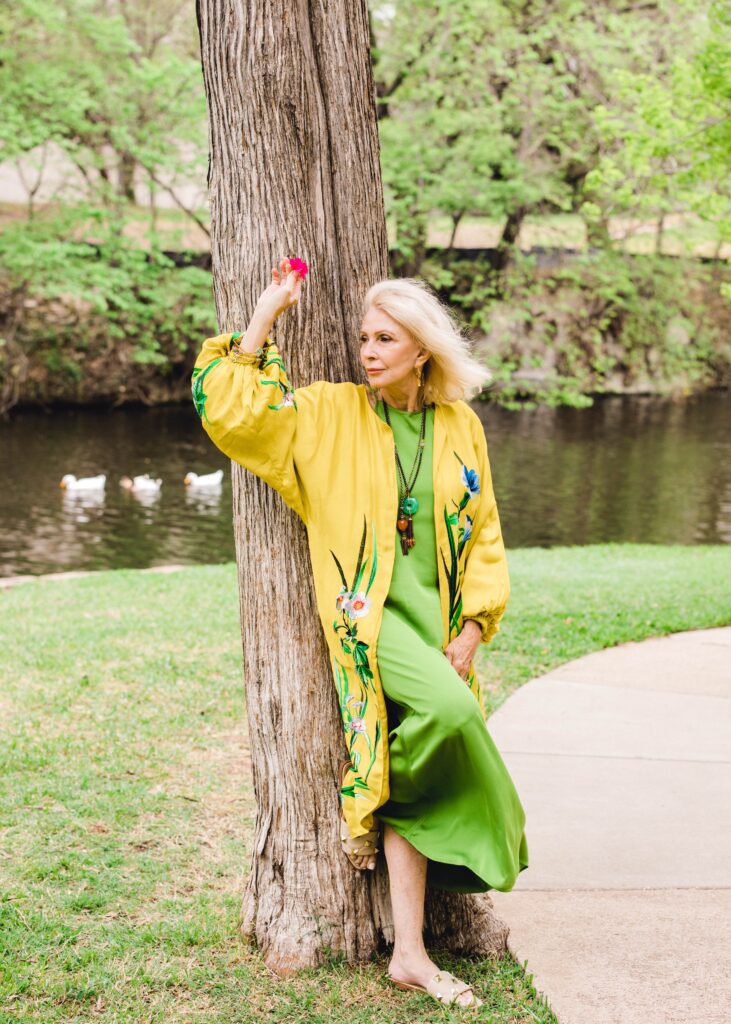 yellow kimono and green slip dress 