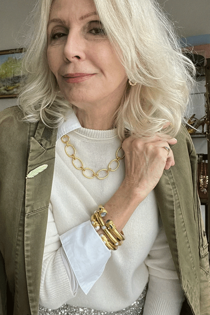 Sonia from Style Beyond Age modelling gold Julie Vos jewelry for Mother's day 