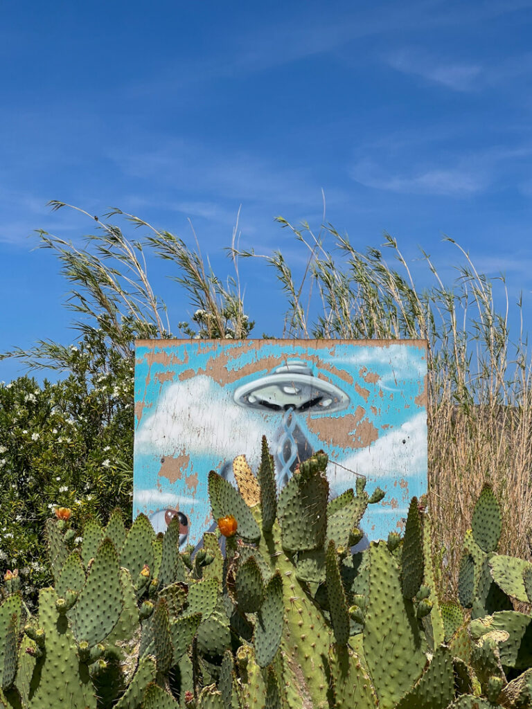 Painting of UFO amongst cacti in Joshua Tree
