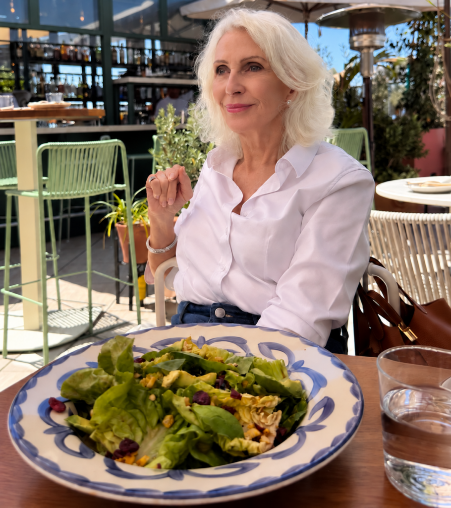 Style Beyond Age enjoying a fresh salad outdoors